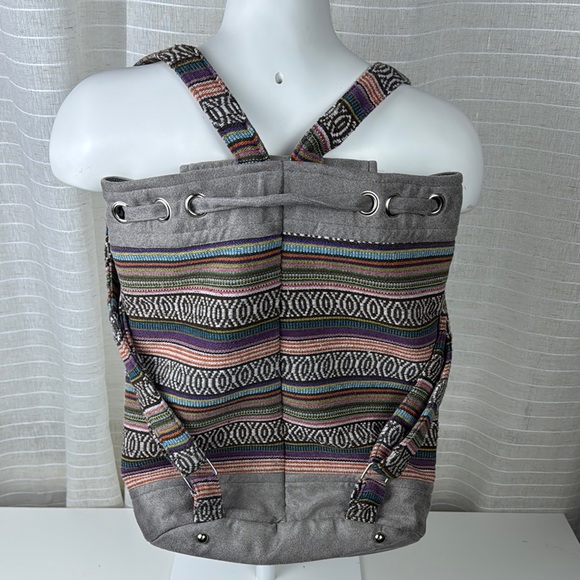 Gray Geometric Pattern Backpack with Drawstring Closure - Picture 2 of 16